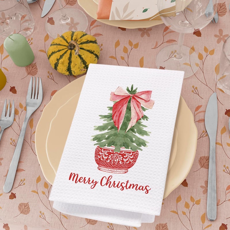 SPBL&L Merry Chinoiserie Christmas Kitchen Towels, Red Porcelain Tree Hand Towels for Bathroom, Red Bow Dish Towels, Kitchen Bathroom Decor, 16x24 Inch - Image 4